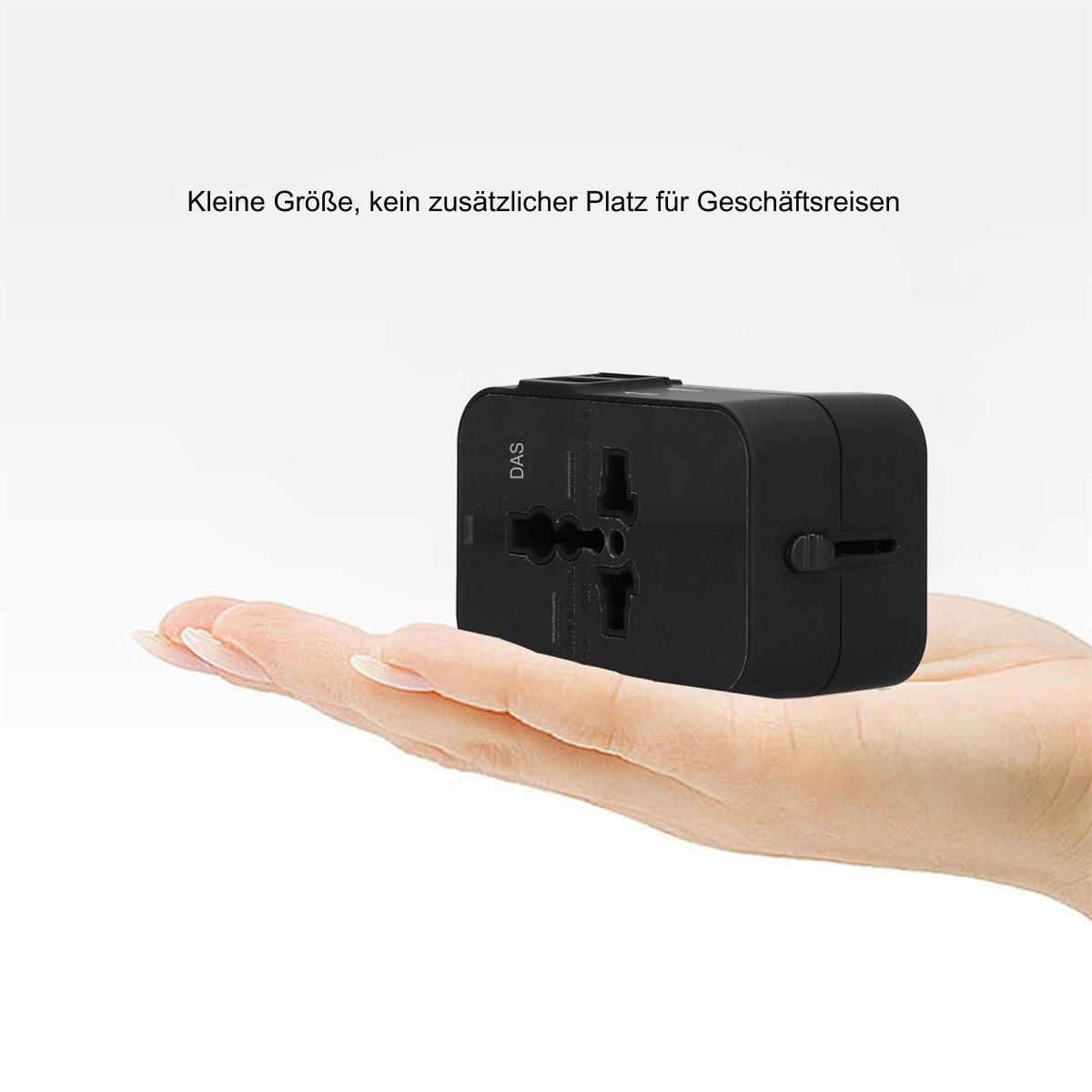 Schwarzer Reiseadapter in der Hand gehalten. Text oben: Kleine Größe, kein zusätzlicher Platz für Geschäftsreisen.