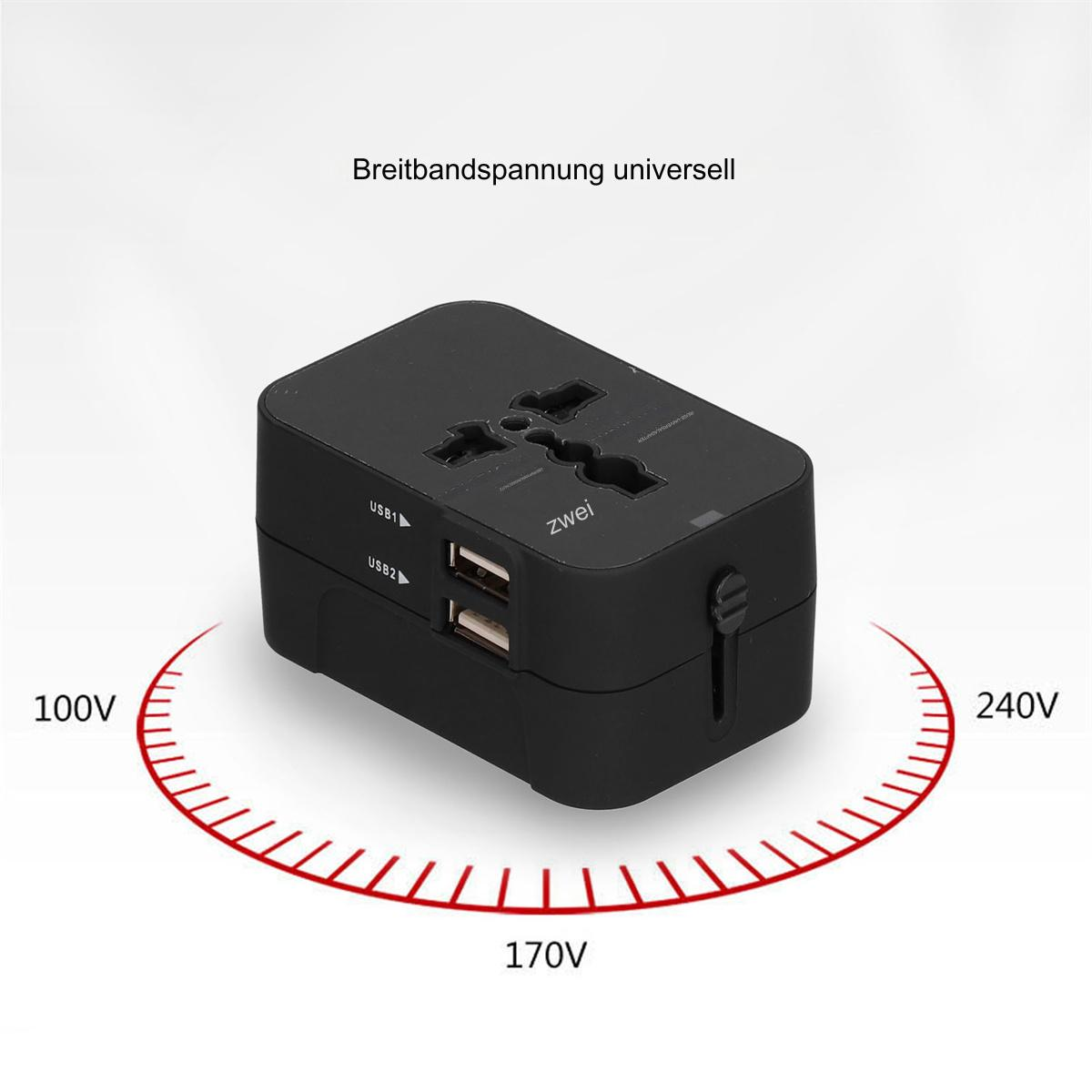 Ein schwarzer Universaladapter. Er hat USB-Anschlüsse und Spannungsanzeigen.