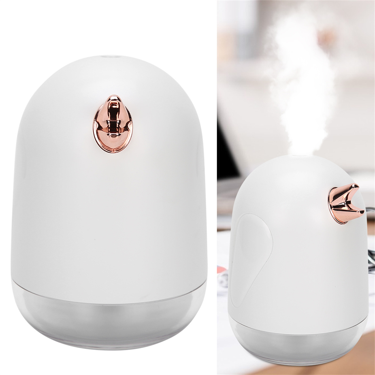 Weißer Luftbefeuchter, zwei Ansichten. Form wie ein Pinguin, Roségoldakzent und Dampf.