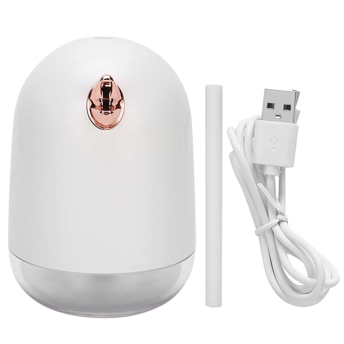 Weißer Luftbefeuchter mit roséfarbener Akzent. Ein USB-Kabel und ein weißer Wattestab liegen daneben.