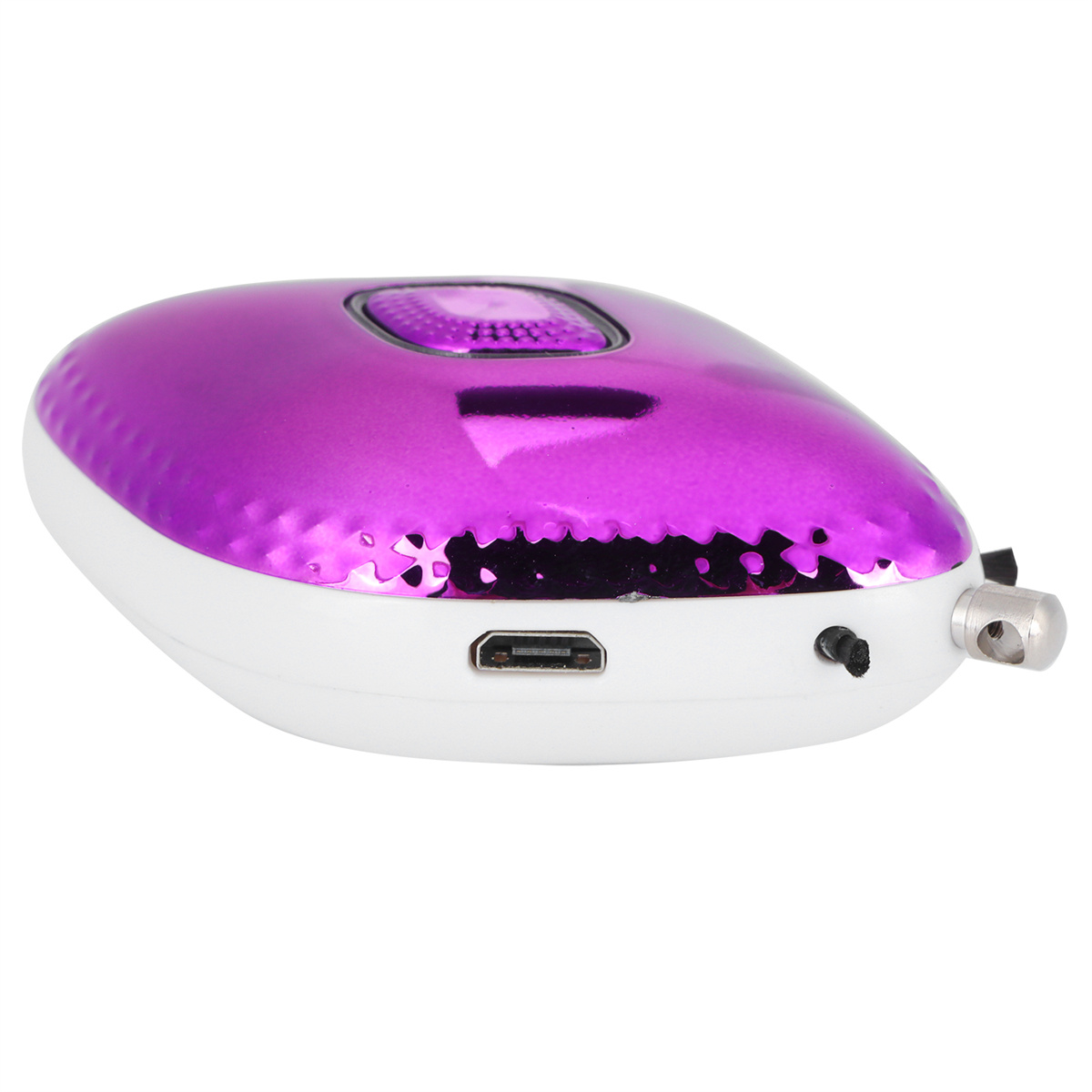 Lila und weißes Gesichtsmassagegerät. USB-Anschluss und Ladeanschluss sichtbar.