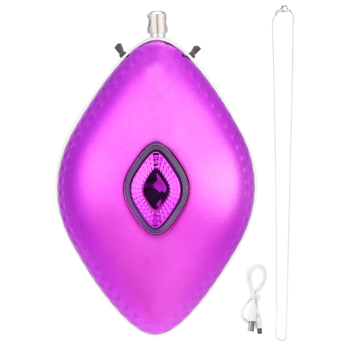 Ein lila Anhänger mit Kette und USB-Kabel.