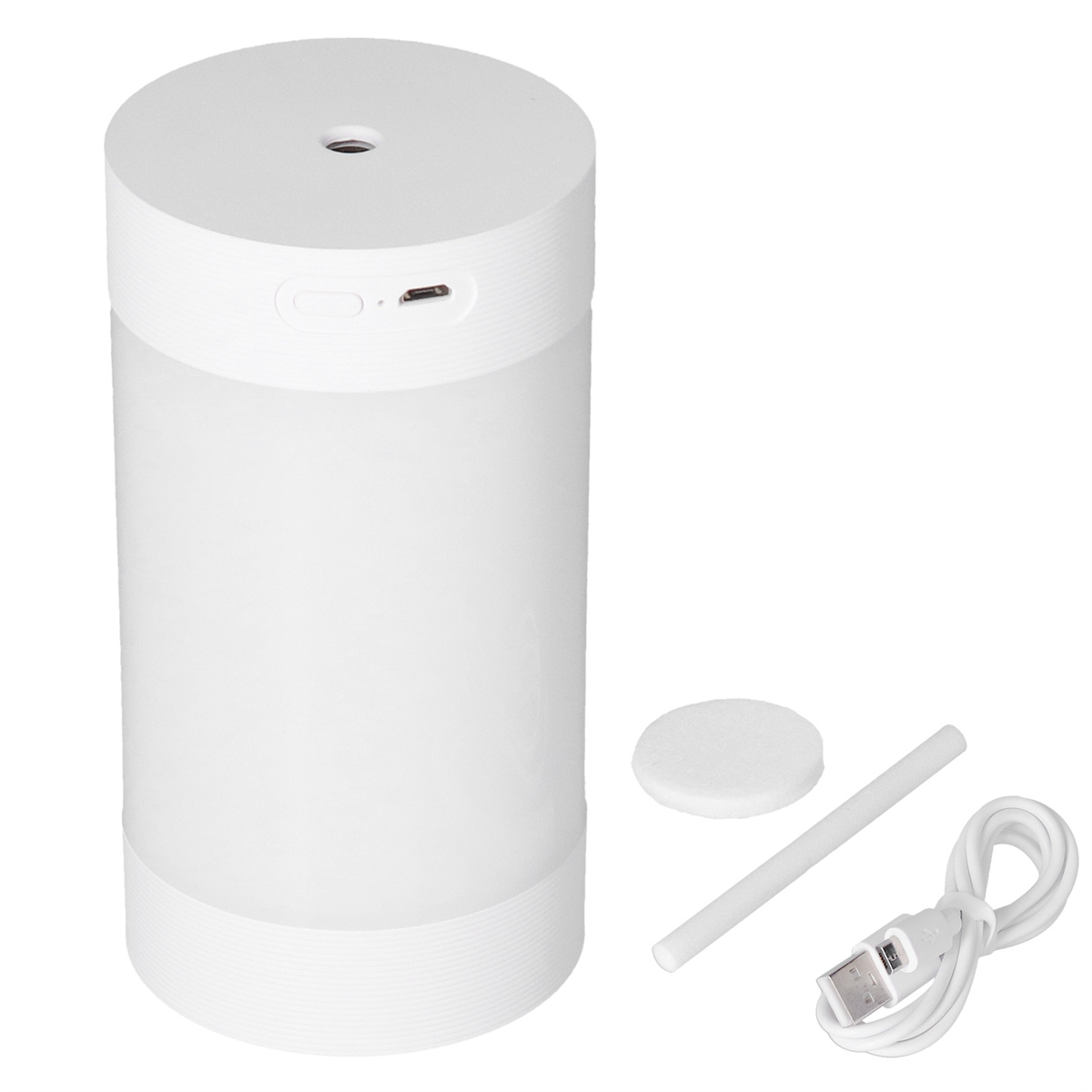 Ein weißer zylindrischer Luftbefeuchter mit USB-Anschluss, neben einem Baumwollstab, einem Wattepad und einem USB-Kabel.