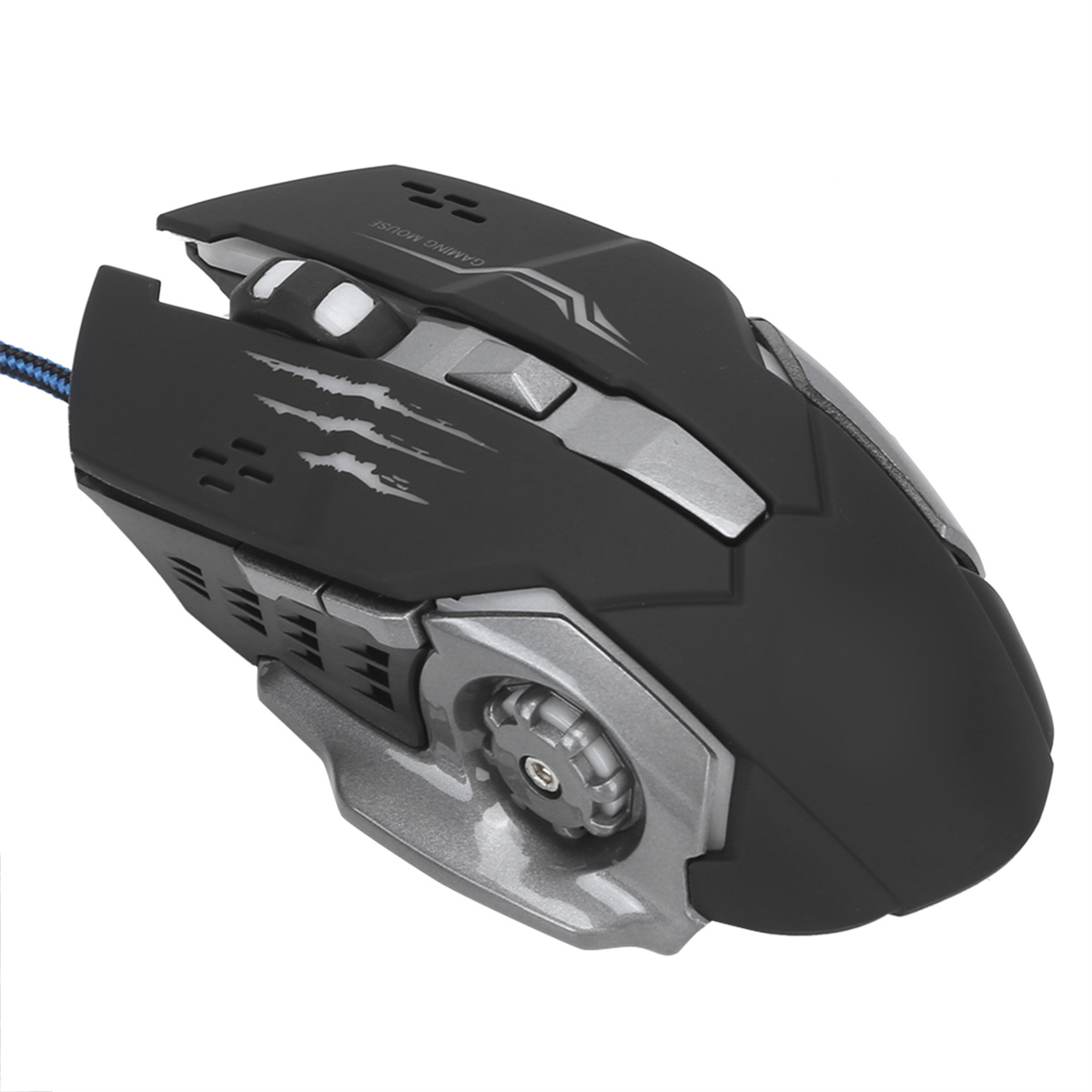 Schwarze Gaming-Maus mit silbernen Akzenten, mehreren Tasten und einem blauen Kabel.
