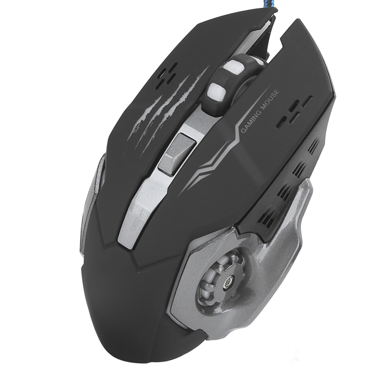 Schwarze und graue Gaming-Maus. Weißer Hintergrund.