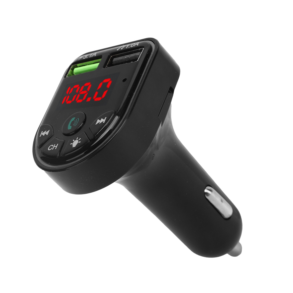 Schwarzer Auto-FM-Transmitter mit roter Anzeige, die 108,0 anzeigt. USB-Anschlüsse sind sichtbar.