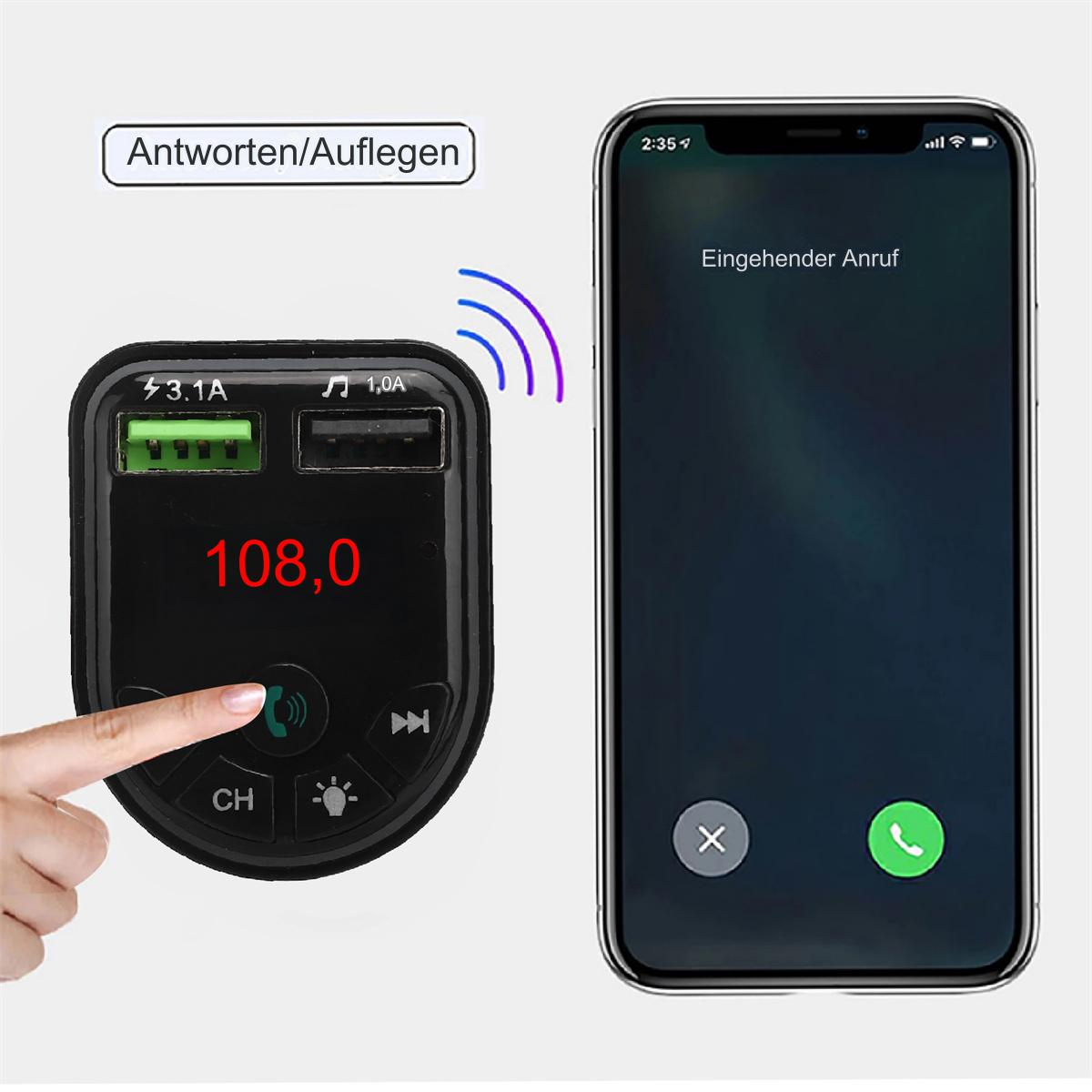 Auto-FM-Transmitter mit Telefon, das einen eingehenden Anruf anzeigt. Schwarzes und silbernes Design.