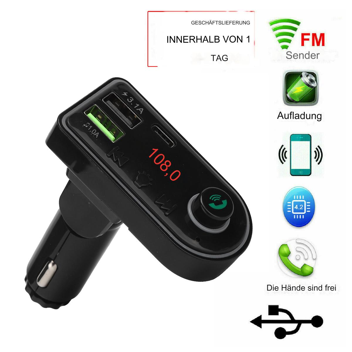 Schwarzer FM-Transmitter mit USB-Anschlüssen und Display, umgeben von Symbolen und Text.