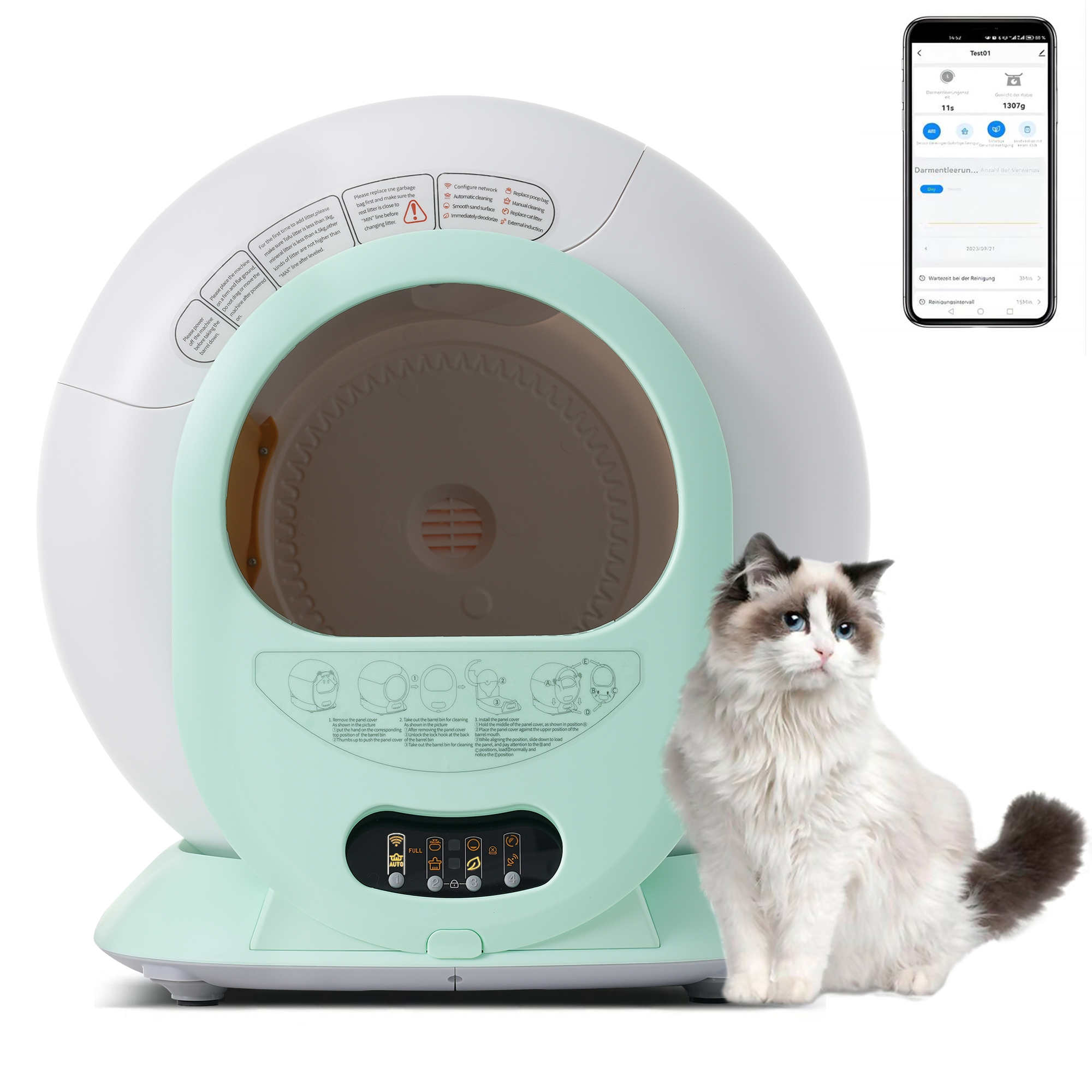 Automatisches Katzenklo mit Katze und Handy. Die Box ist grün und weiß. Handy hat eine App-Oberfläche.