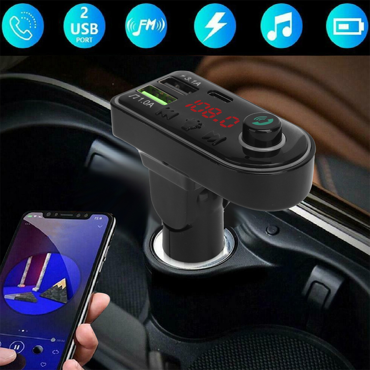 Ein schwarzes Autoladegerät mit Display, USB-Anschlüssen und einem Telefon daneben.