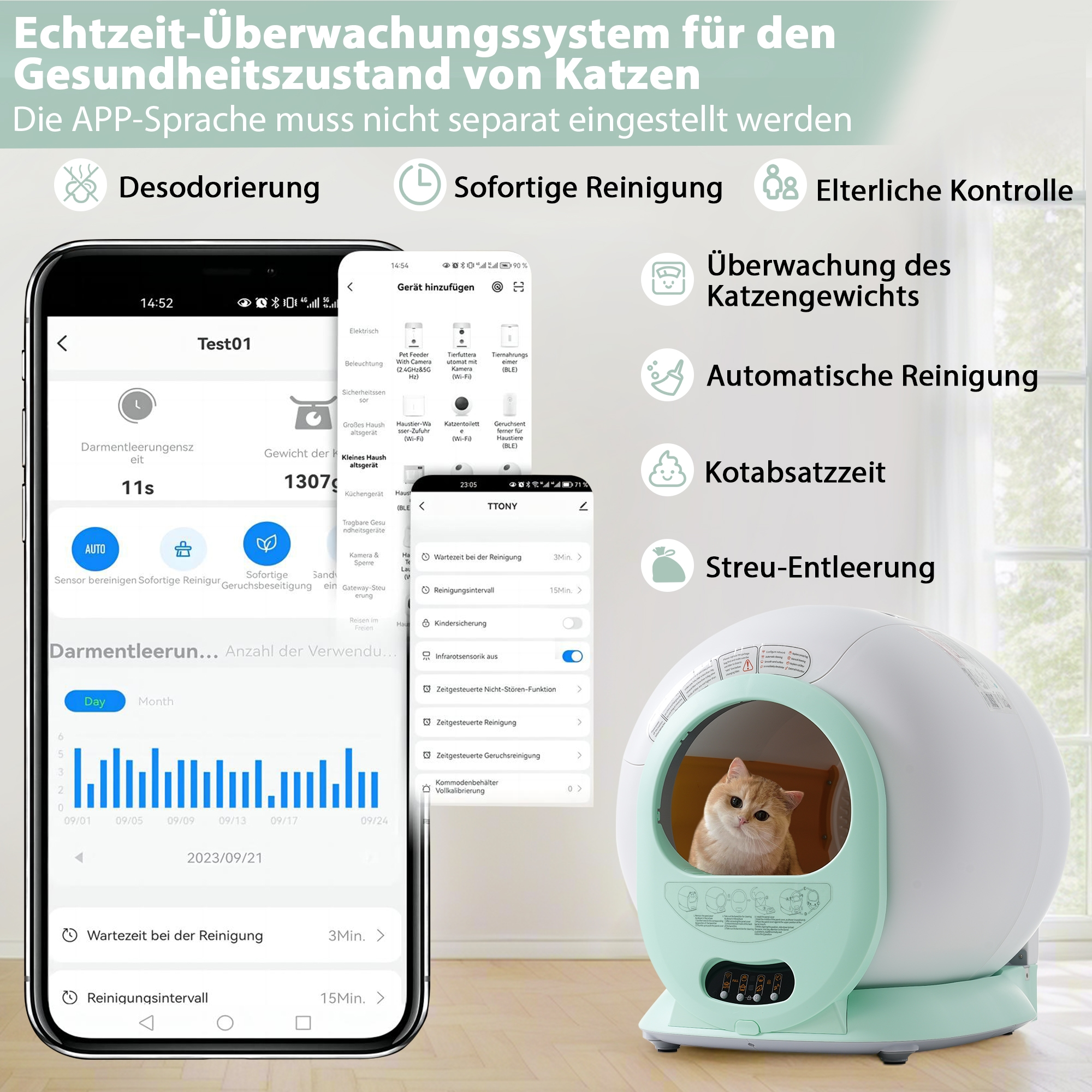 Eine automatische Katzentoilette mit Katze und einem Telefonbildschirm mit Informationen.