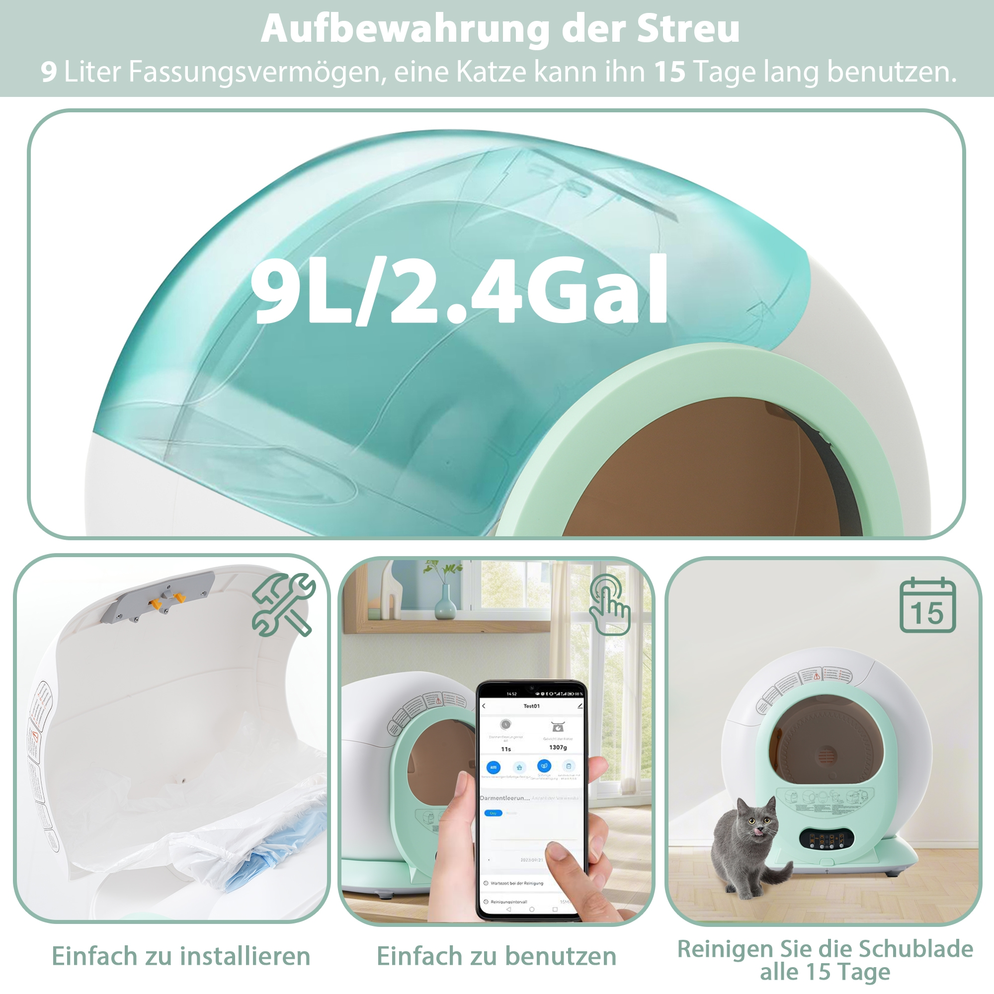 Eine Katzentoilette mit Text und Diagrammen, die Installation, Verwendung und Reinigungszyklus zeigen.