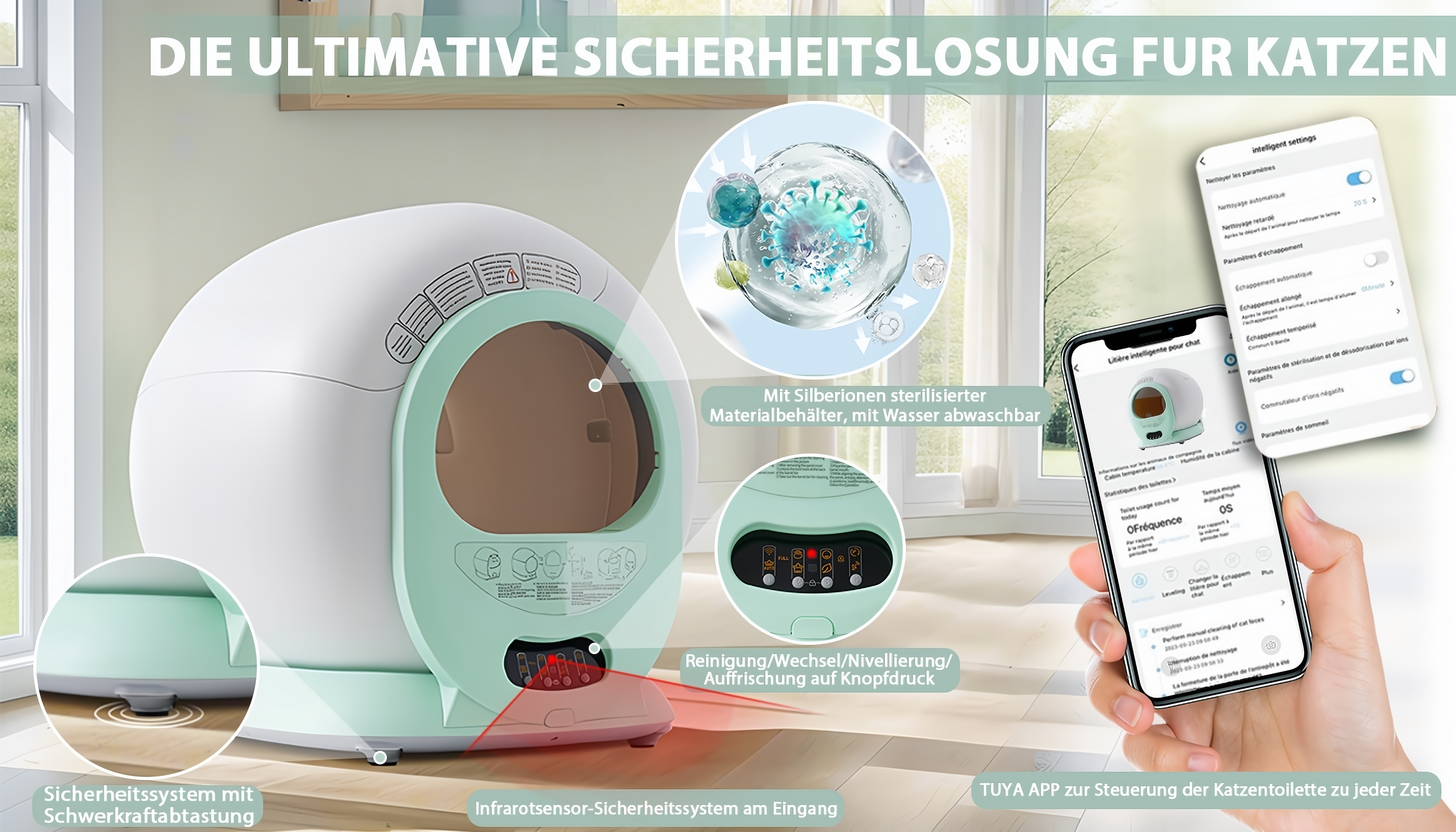 Eine Katzentoilette mit intelligenten Funktionen und einem Smartphone, das die App-Oberfläche anzeigt.