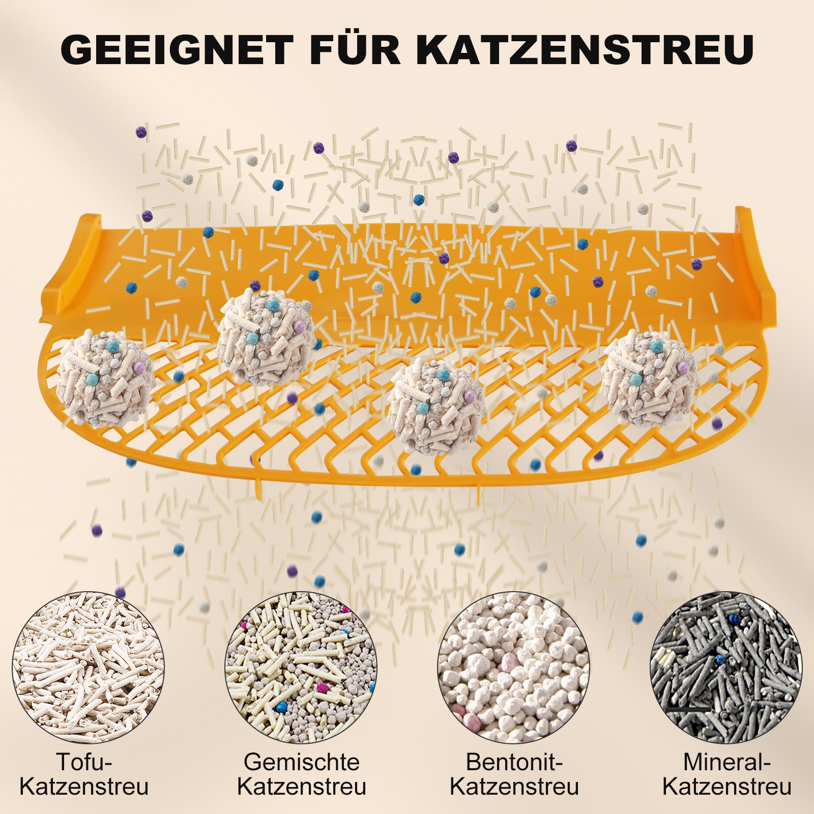 Katzenstreu-Arten: Tofu, gemischt, Bentonit und Mineral. Gezeigt in gelber Schale.