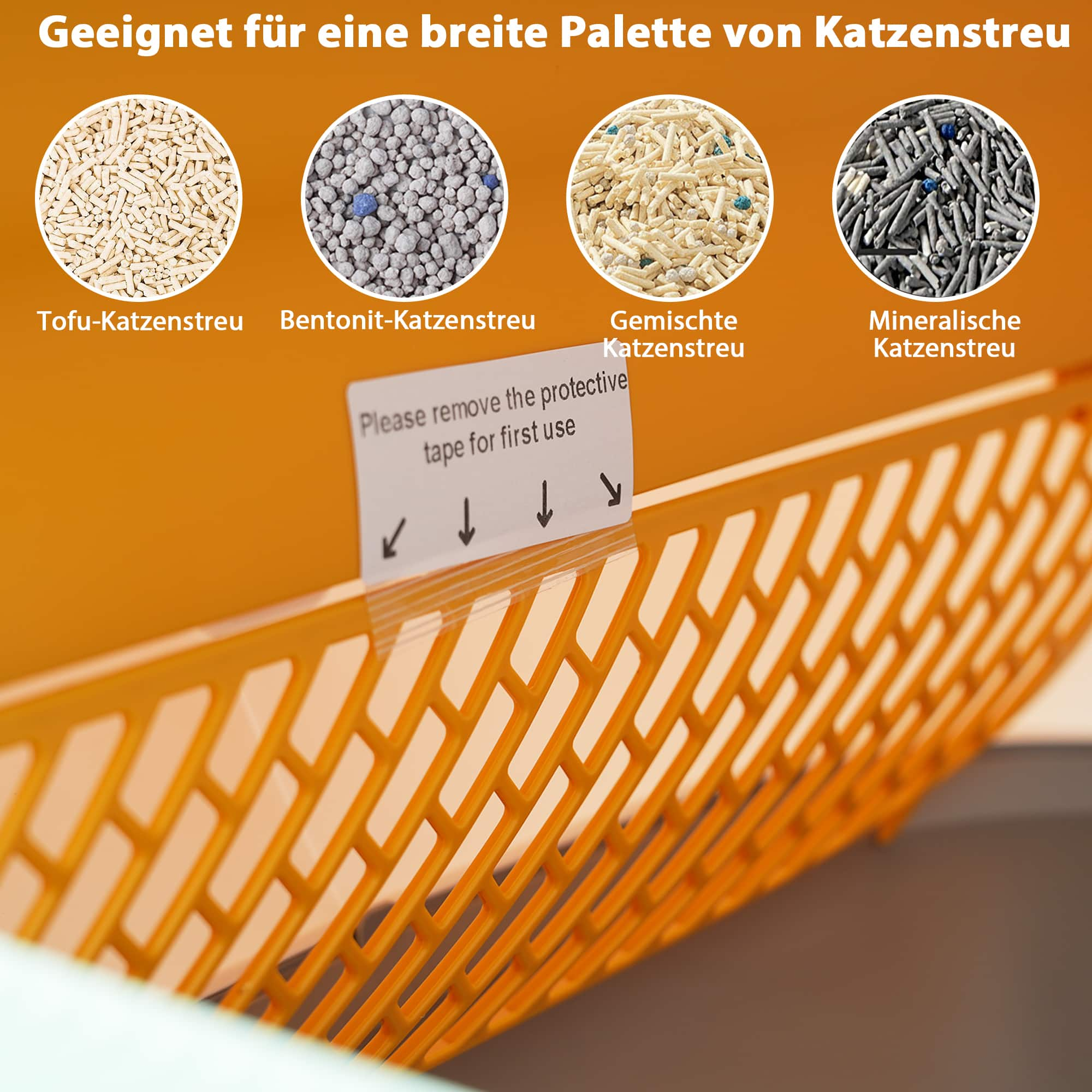 Vier Arten von Katzenstreu in Kreisen und eine gelbe Schale mit einem Aufkleber. Weißer Hintergrund.