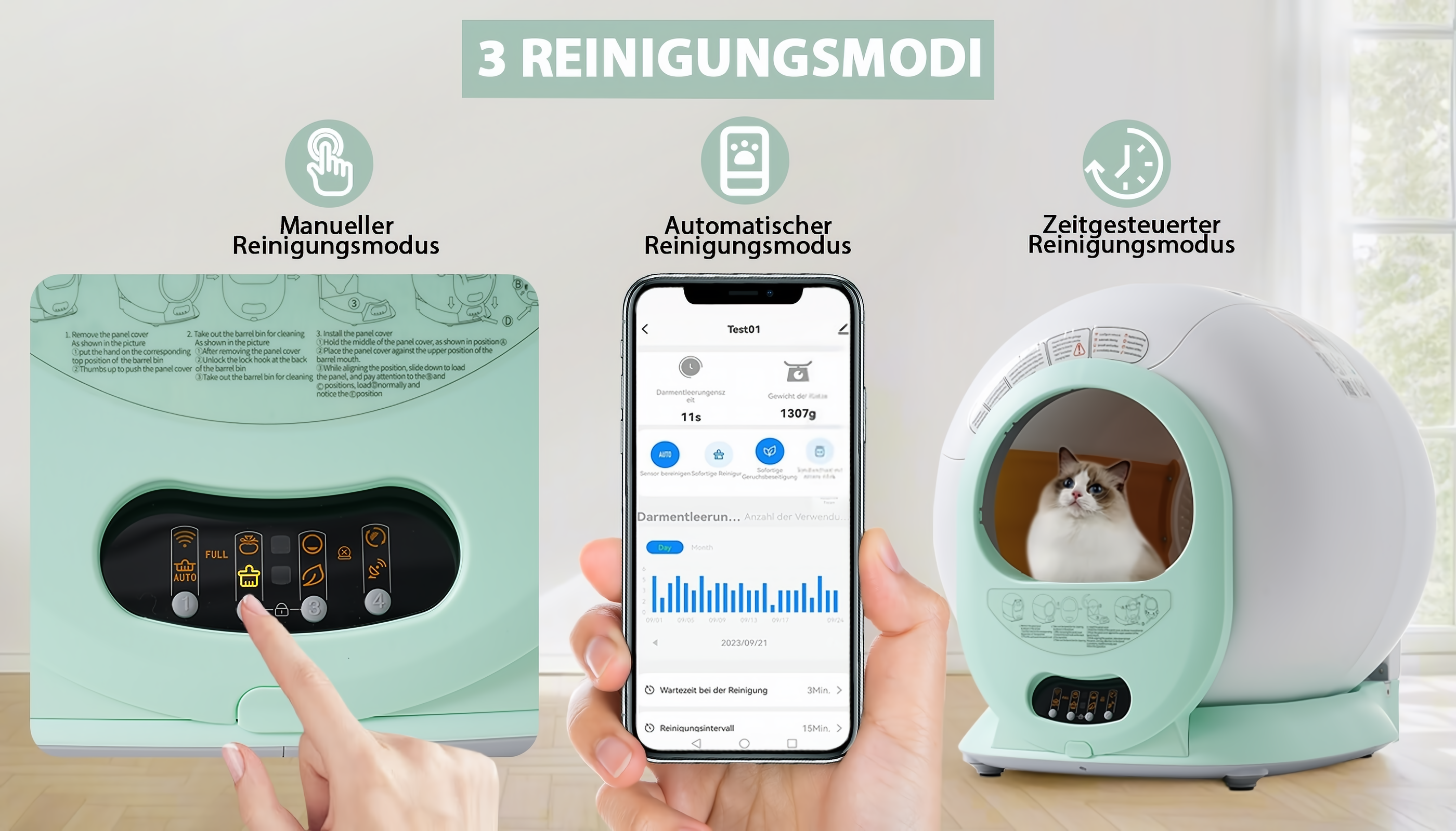Katze in einer selbstreinigenden Katzentoilette mit drei Reinigungsmodi auf dem Bildschirm.