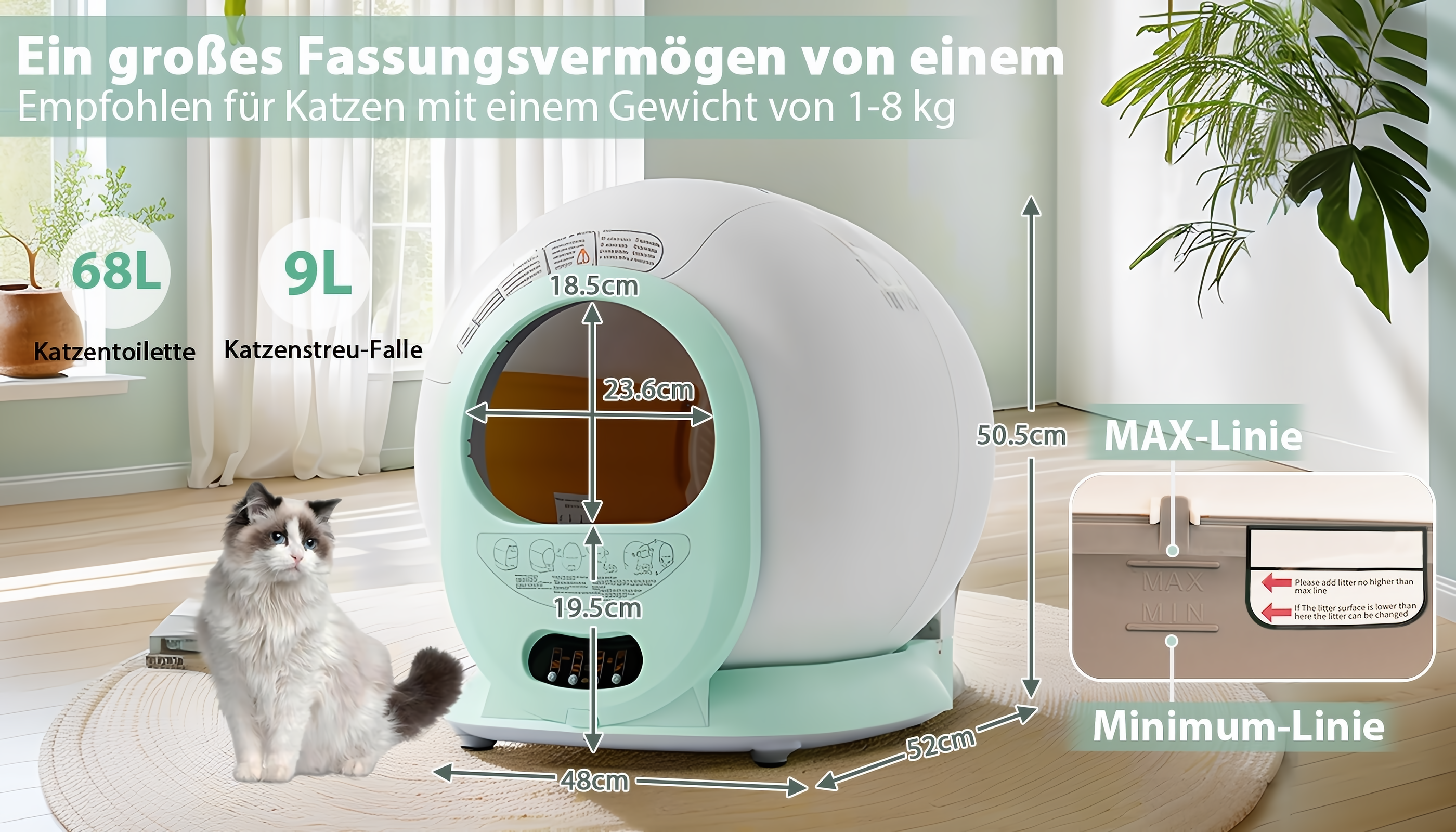 Eine weiße Katze und eine selbstreinigende Katzentoilette mit deutschen Texten und Maßen.