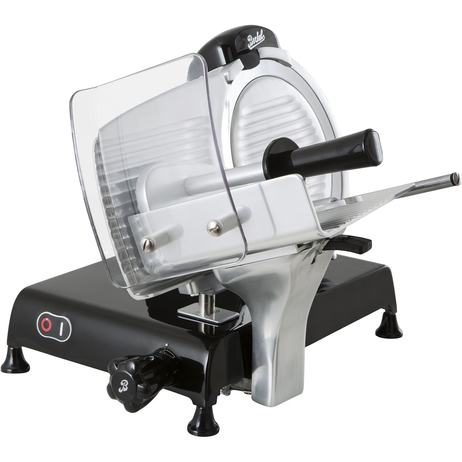 Professionelle Fleischschneidemaschine mit schwarzem Sockel und Edelstahlklinge. Sie hat einen Schutz und einen Griff.