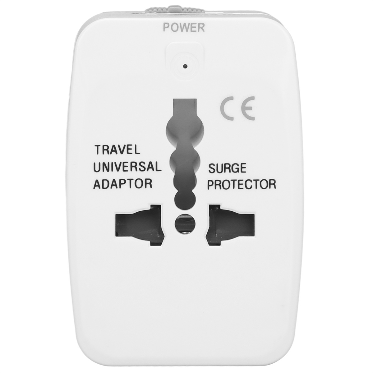 Weißer Reiseadapter mit mehreren Steckdosen und einem Power-Knopf, beschriftet.