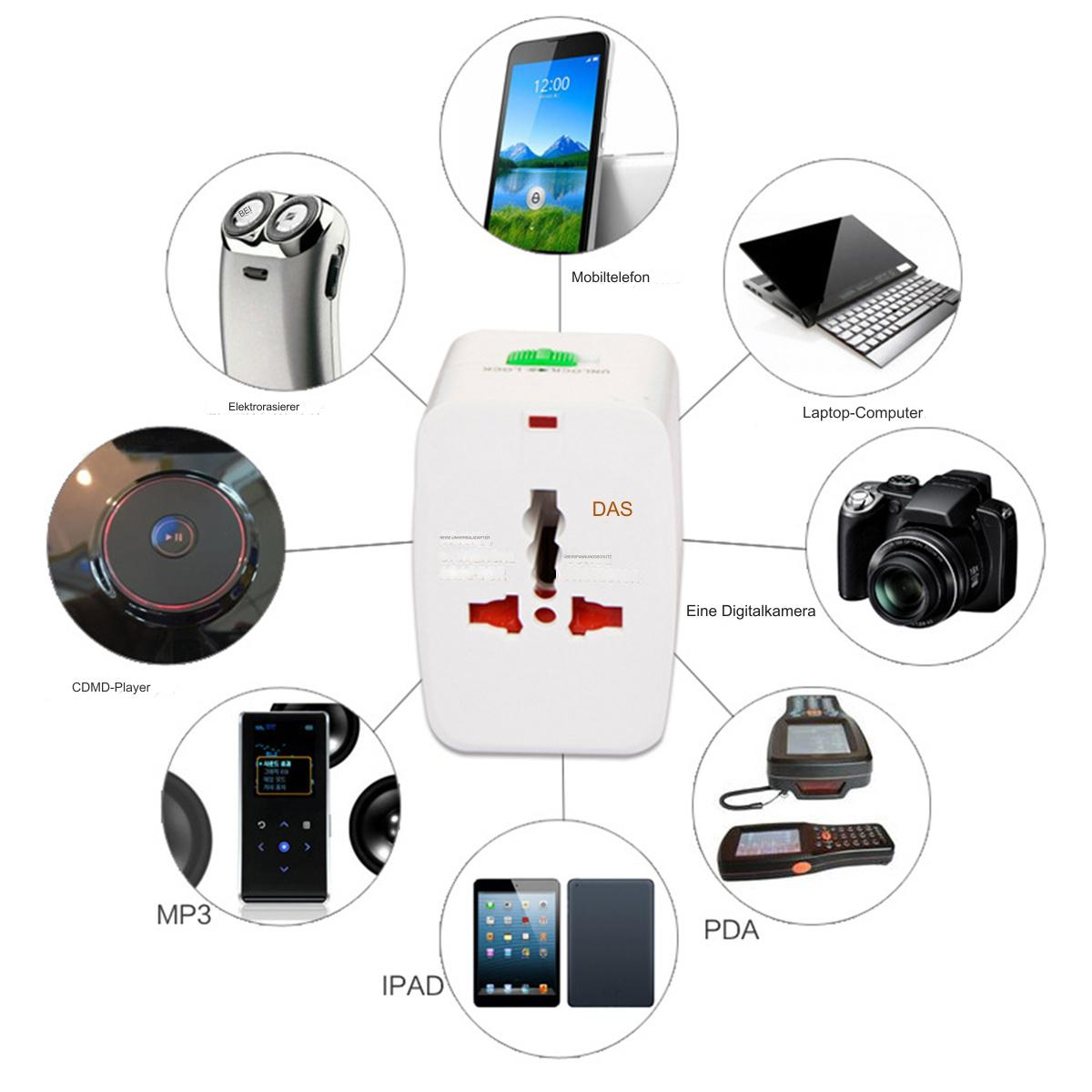 Universal-Reiseadapter mit einer Vielzahl elektronischer Geräte drumherum.