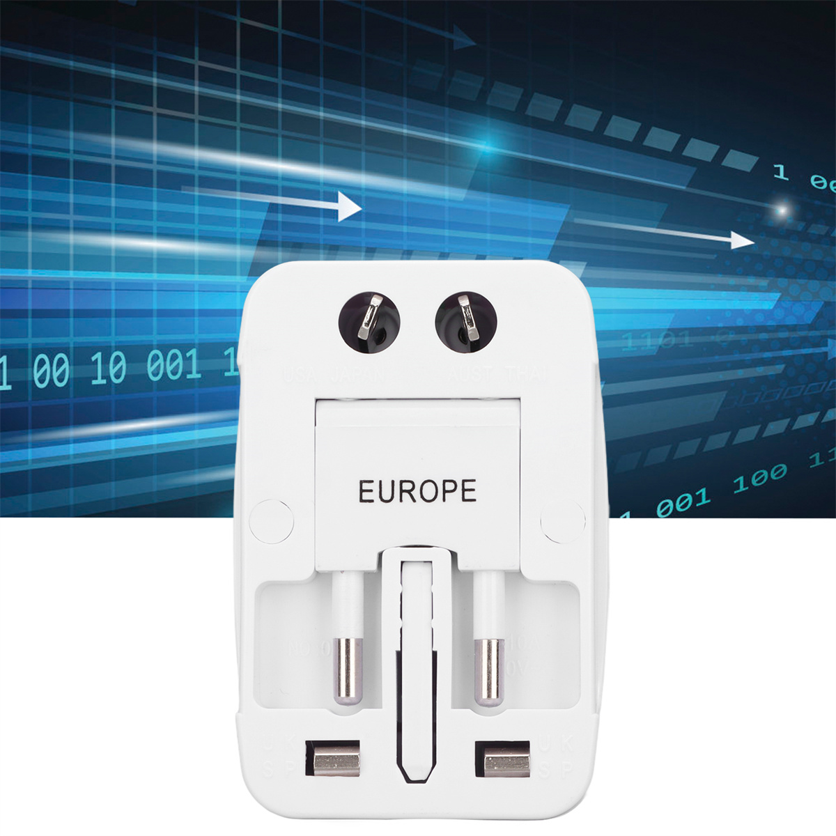 Weißer Europa-Reiseadapter. Enthält Steckdosen. Hintergrund: blaue Digitalgrafik.