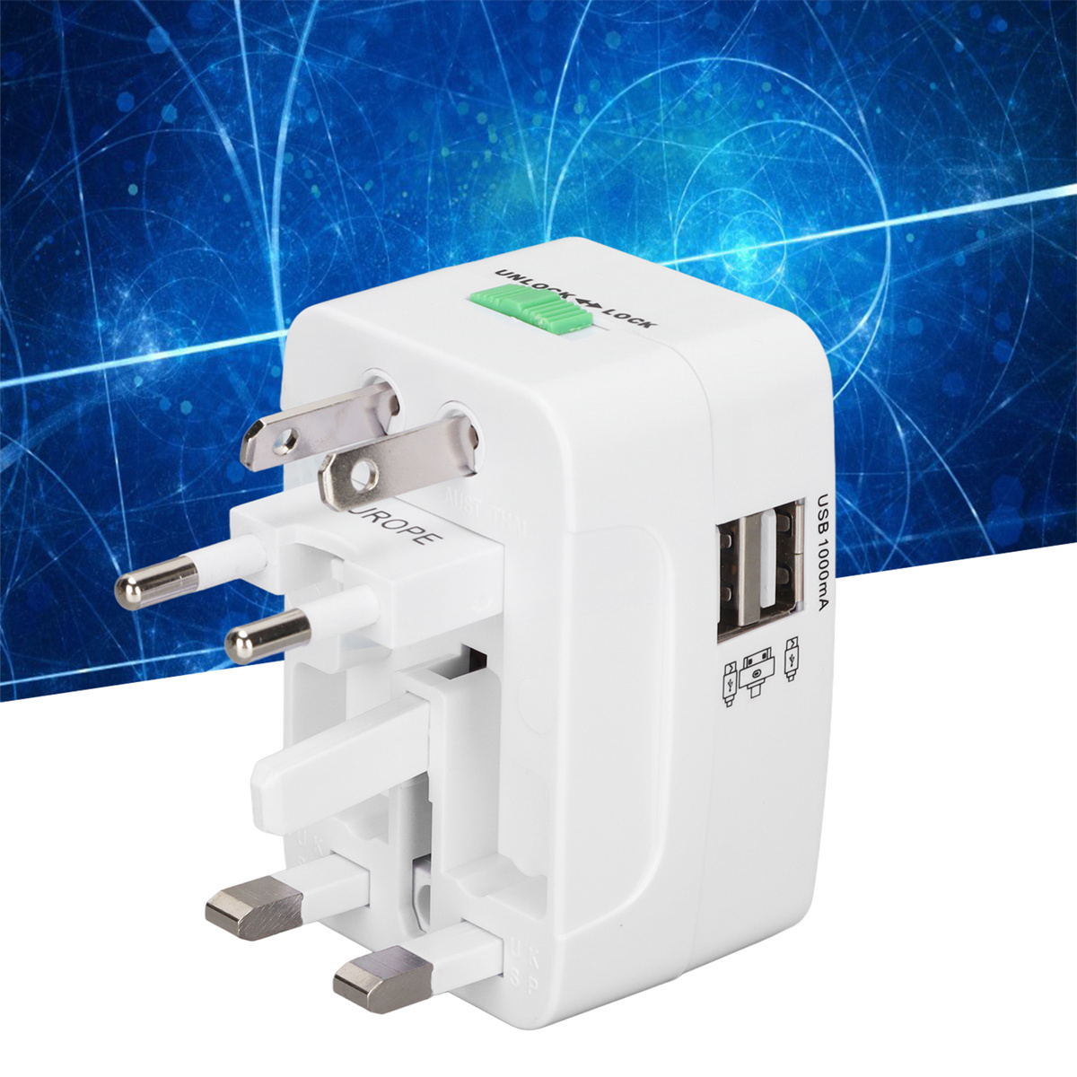 Weißer Universaladapter mit USB-Anschlüssen und verschiedenen Steckerkonfigurationen. Grüner Entriegelungsknopf.