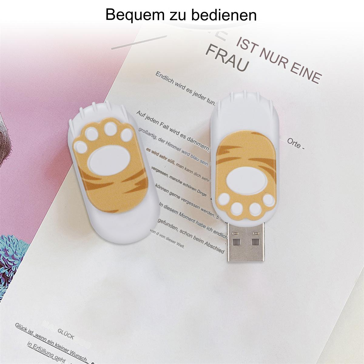 Zwei USB-Sticks in Form von Katzenpfoten, auf Papier mit Text liegend. Weiß und Orange.