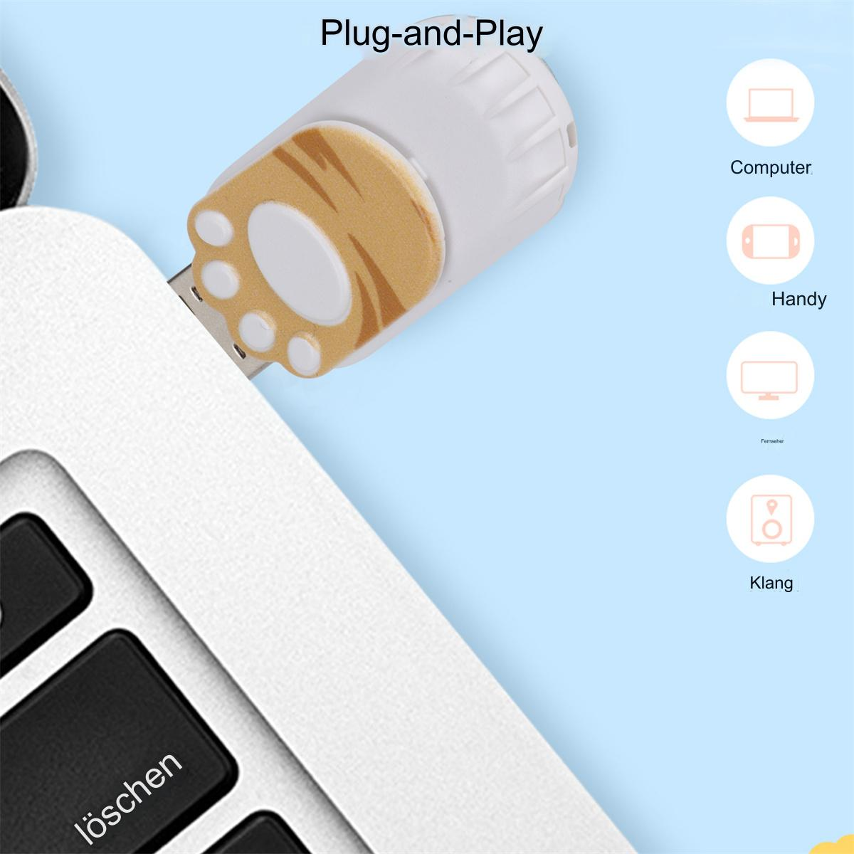 Ein USB-Stick mit Katzenpfoten-Design ist an einen Laptop angeschlossen. Symbole rechts.