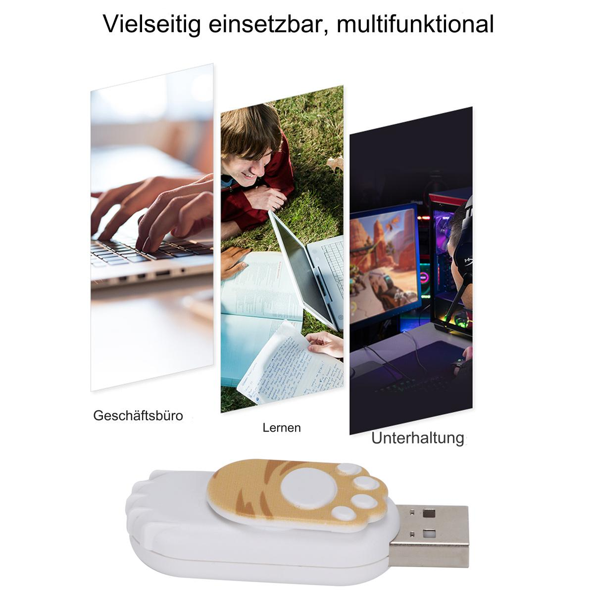 Ein USB-Laufwerk mit einem Katzenpfoten-Design und drei Bildern, die verschiedene Verwendungen zeigen.