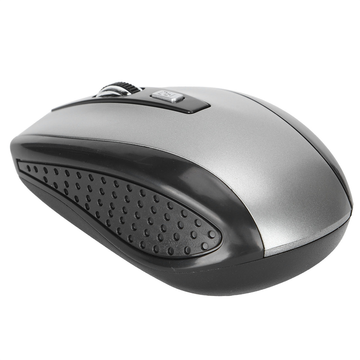 Eine silber-schwarze kabellose Maus. Die Maus hat eine glatte Oberfläche mit Scrollrad und schwarzer Basis.