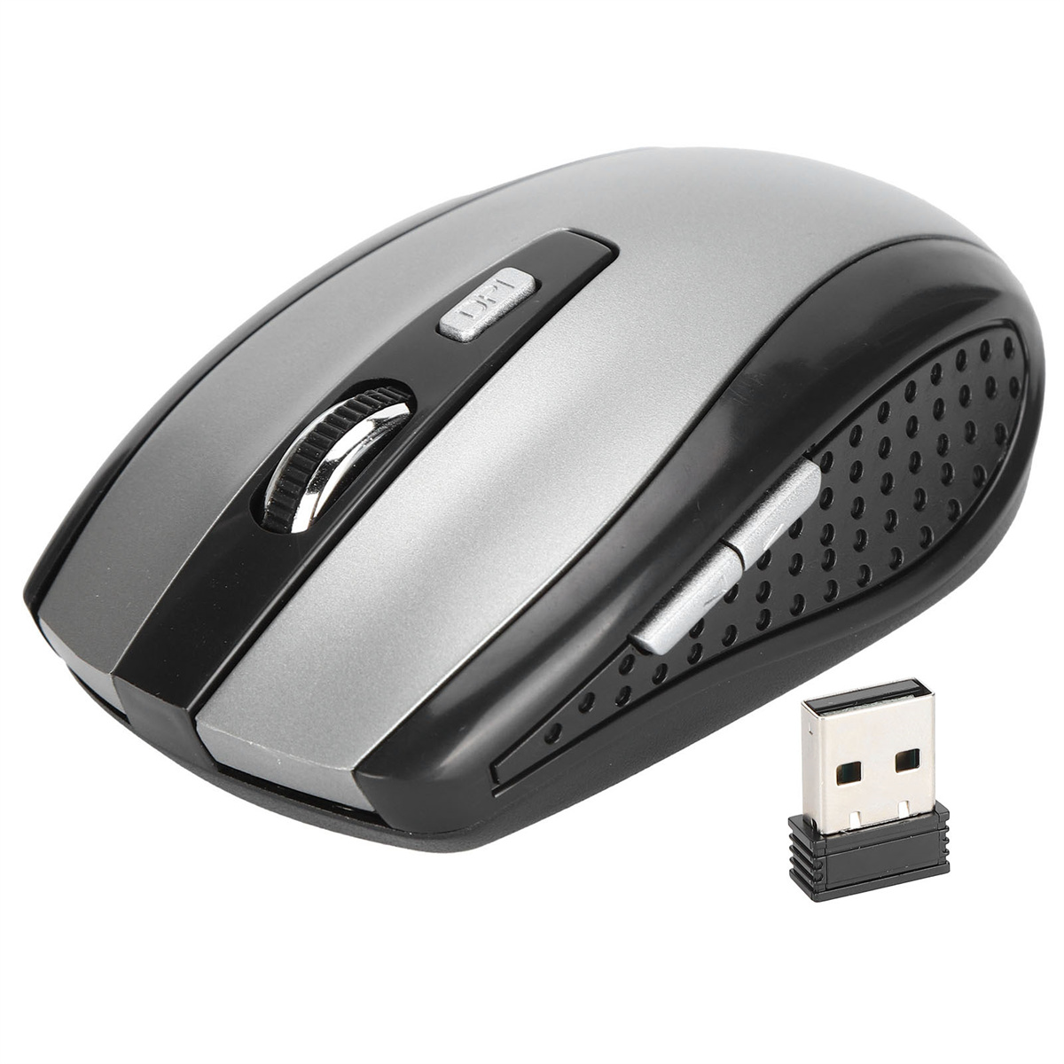 Silber-schwarze kabellose Maus mit Scrollrad und USB-Empfänger.