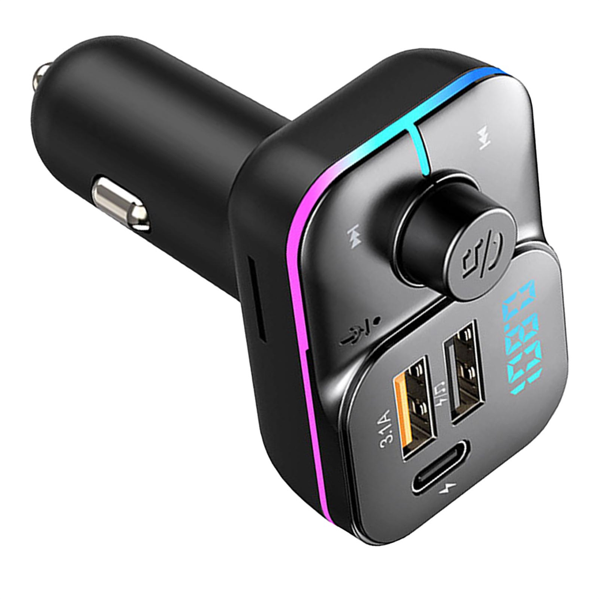 Schwarzes Autoladegerät mit USB-Anschlüssen und Digitalanzeige. Es zeigt eine Spannungsmessung an.