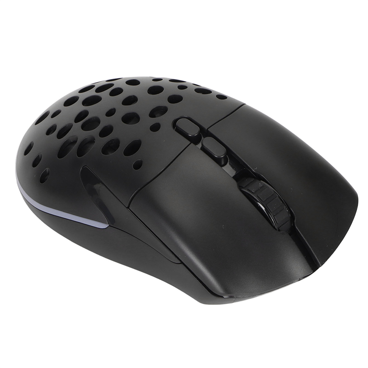 Eine schwarze Gaming-Maus mit Wabenmuster und zwei Tasten.