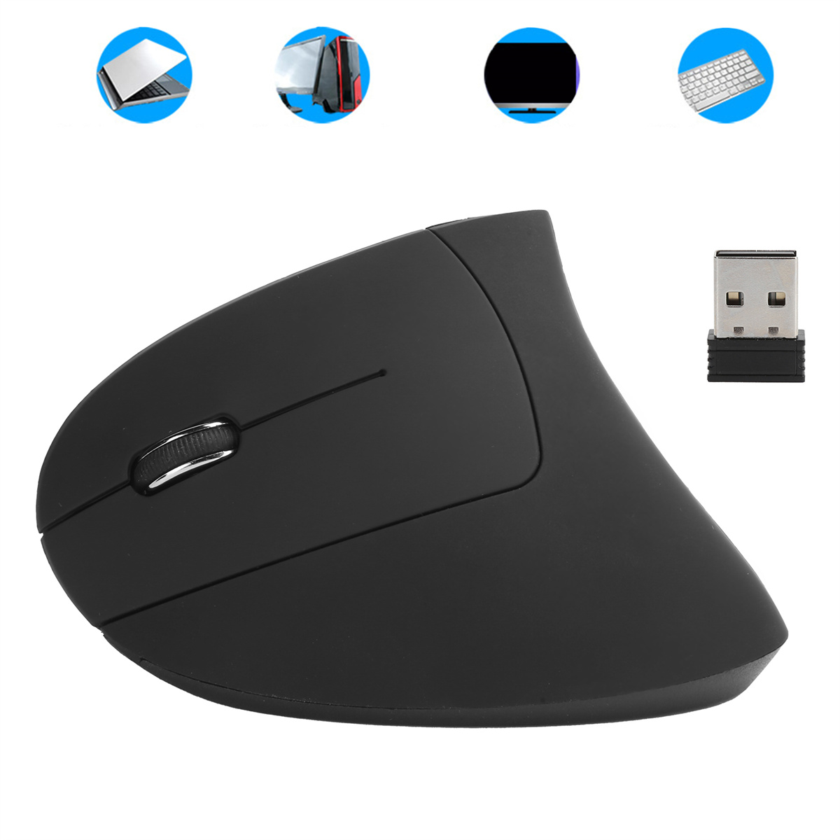 Schwarze ergonomische Maus mit Scrollrad und USB-Empfänger. Symbole für verwandte Artikel sind oben.