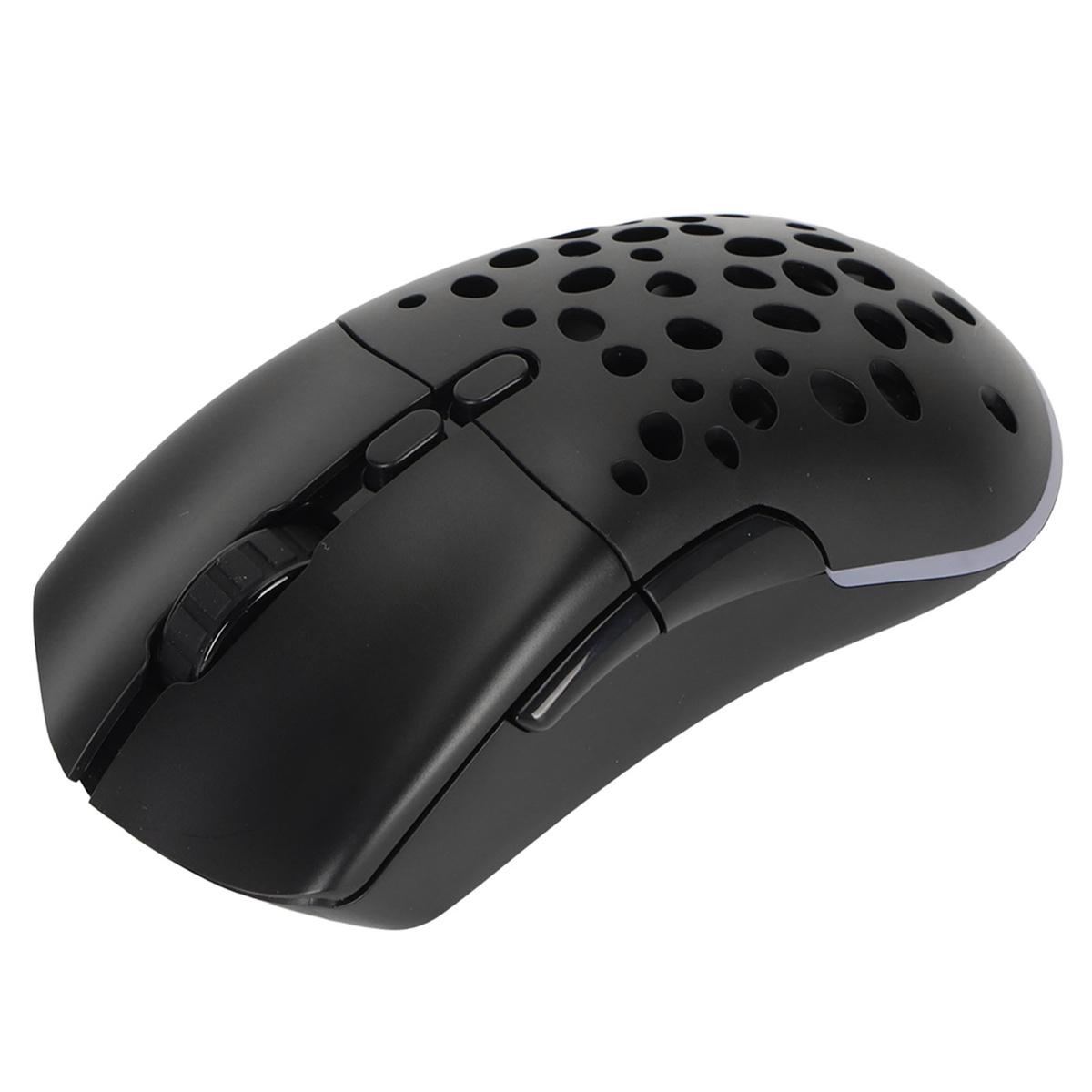 Schwarze Gaming-Maus mit vielen Löchern, Tasten und einem Scrollrad auf weißem Untergrund.