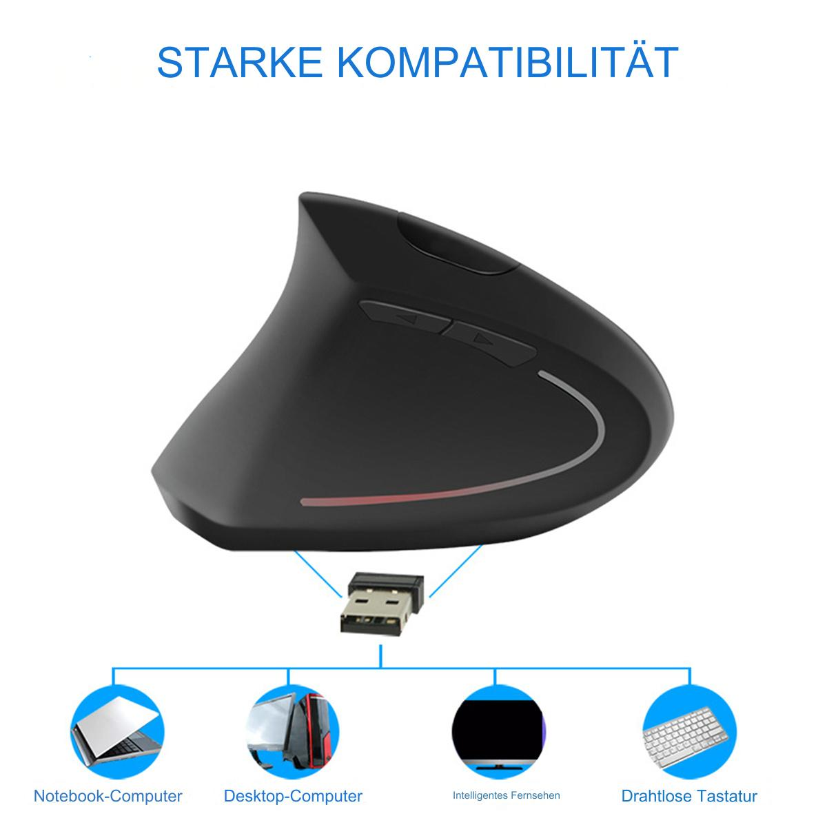 Schwarze ergonomische Maus mit USB-Empfänger und vier Symbolen. Sie hat zwei Tasten und ein Scrollrad.