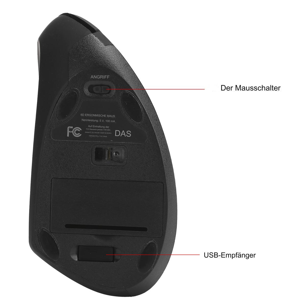 Schwarze ergonomische Maus mit Schalter, USB-Empfänger und Beschriftungen.