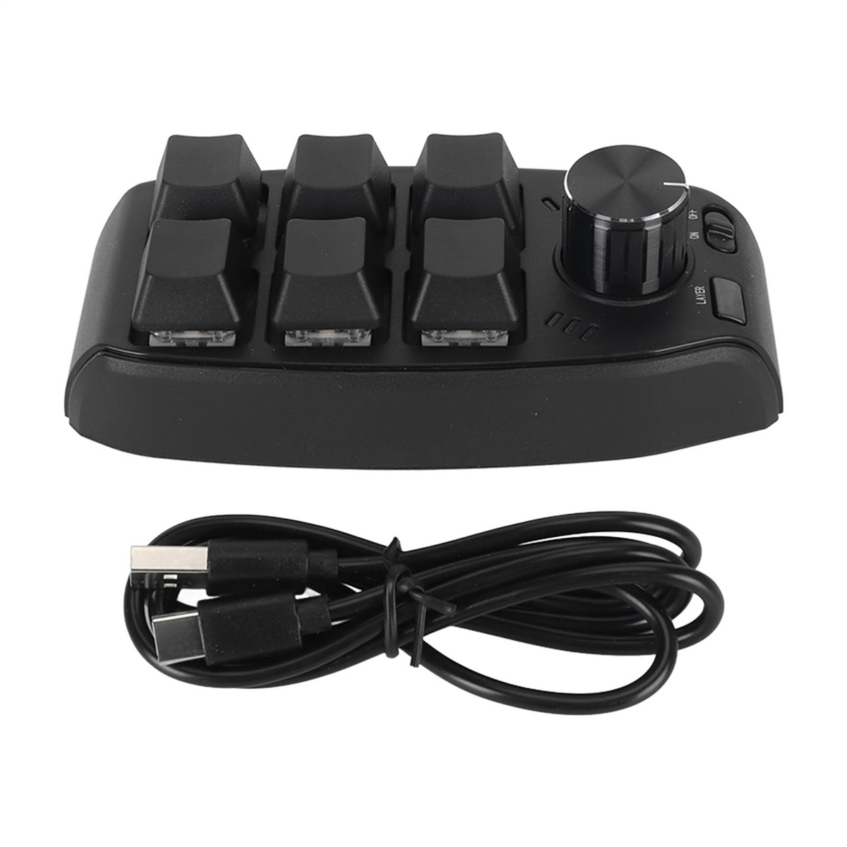Ein schwarzes Tastenfeld mit sieben Tasten und einem Drehregler, sowie ein USB-Kabel.