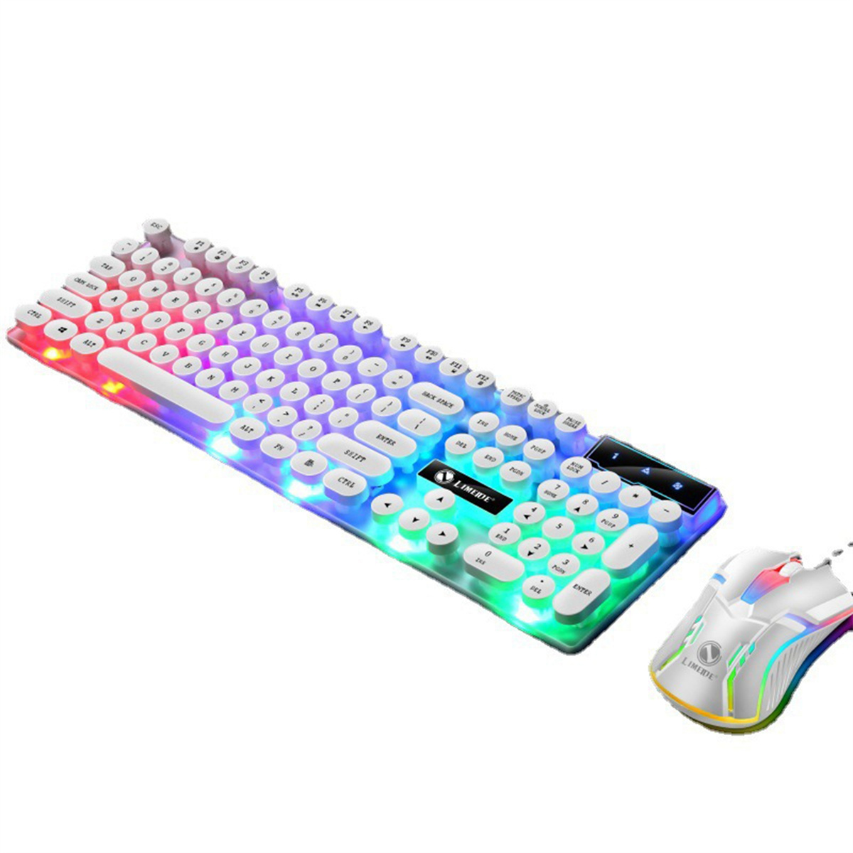 Eine weiße Tastatur mit bunten LED-Leuchten und eine passende weiße Maus. Auf einer weißen Oberfläche.