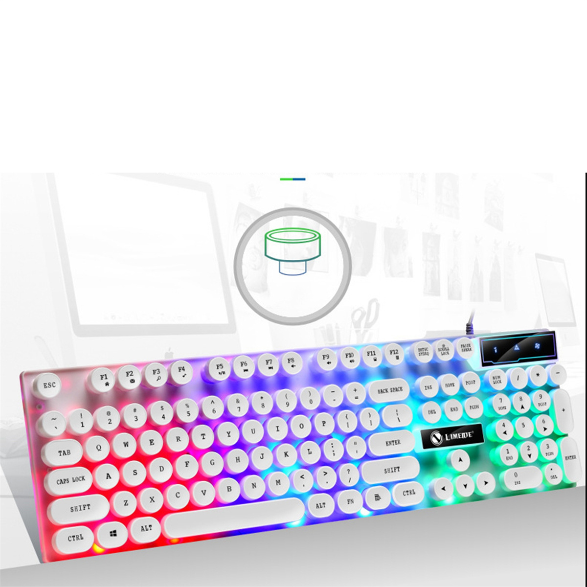 RGB-Tastatur mit mehreren Farben. Die Tasten haben weiße Buchstaben und Symbole. Ein Diagramm.