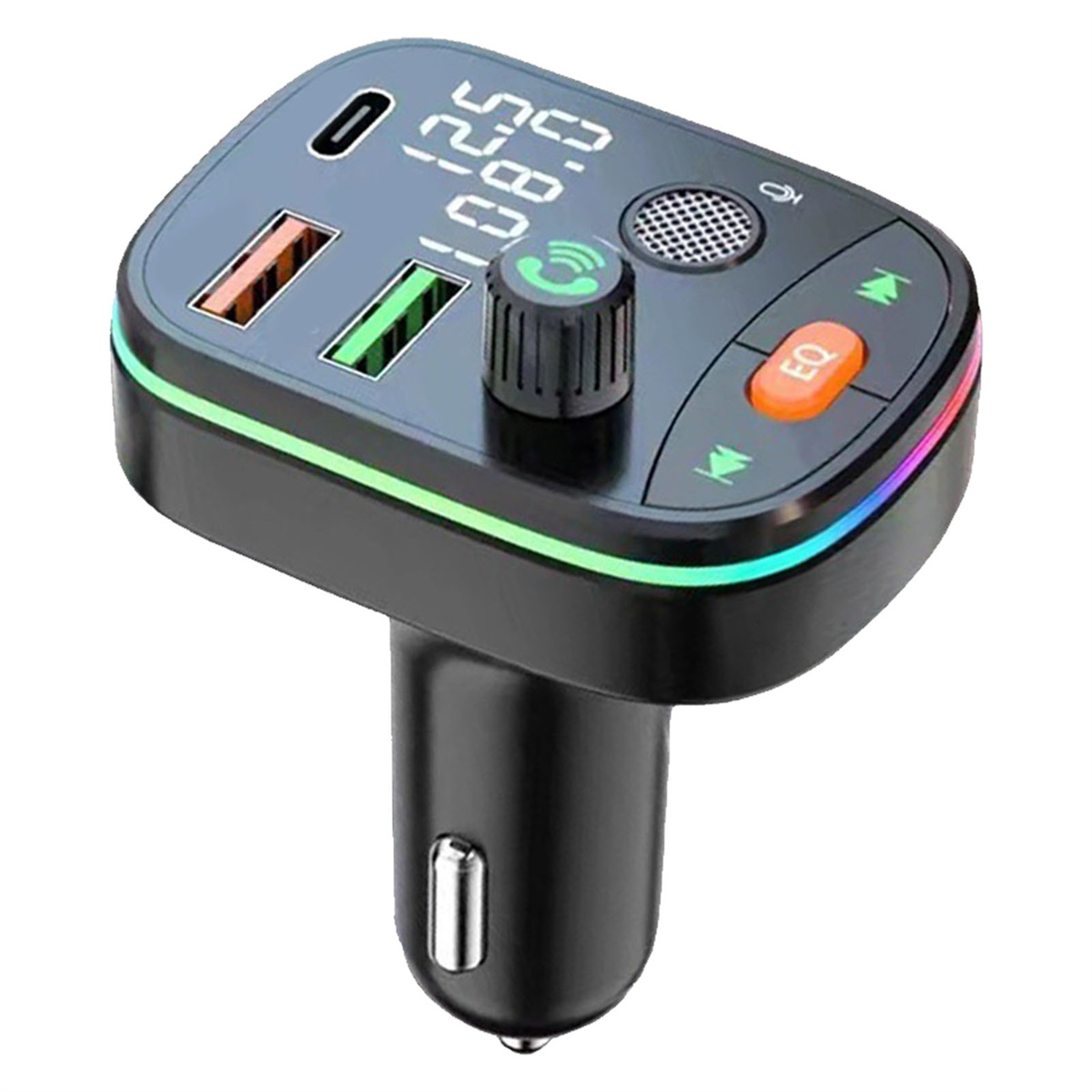 Schwarzes Autoladegerät mit USB-Anschlüssen und einer EQ-Taste.