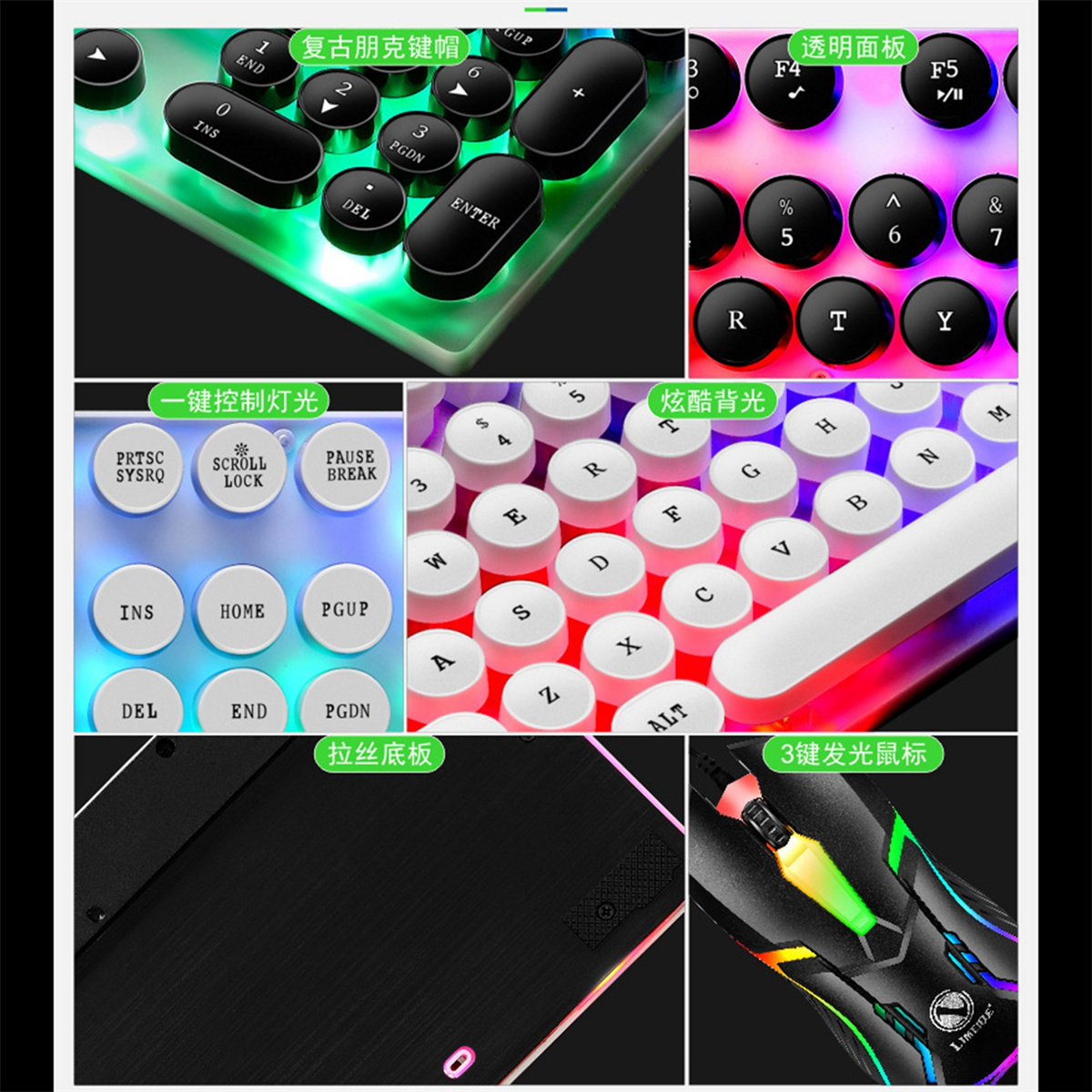 Nahaufnahme einer Gaming-Tastatur mit beleuchteten Tasten, einer Maus und einer schwarzen, gemusterten Oberfläche. Es werden mehrere Panels gezeigt.