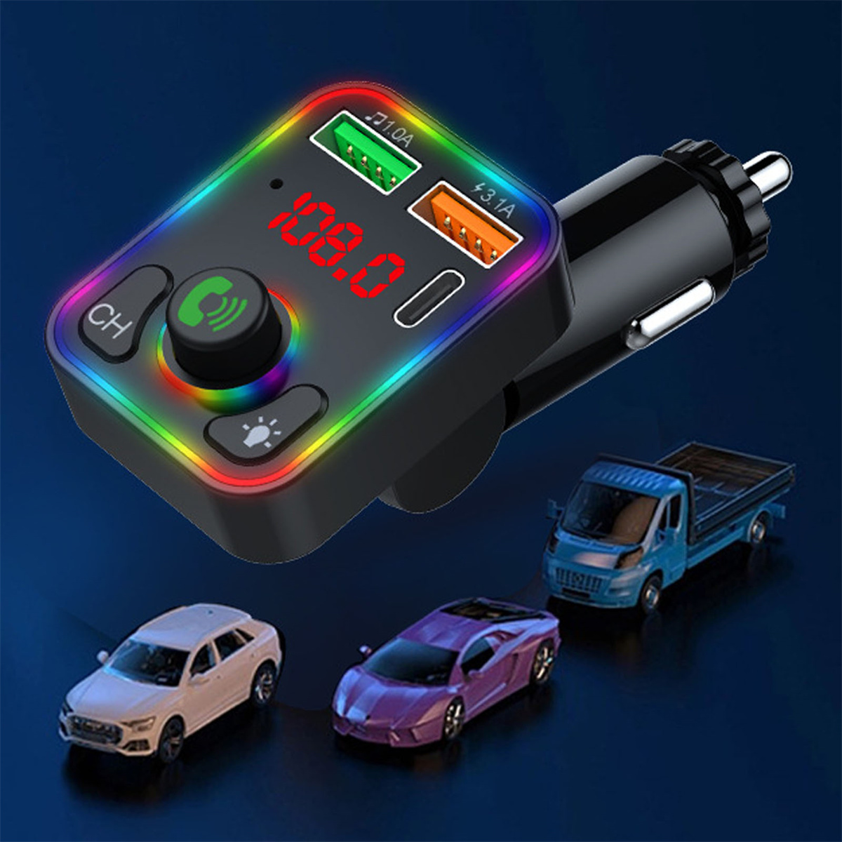 Ein schwarzes Autoladegerät mit bunten Lichtern und Digitalanzeige, zeigt Ladestatus, mit Spielzeugautos.
