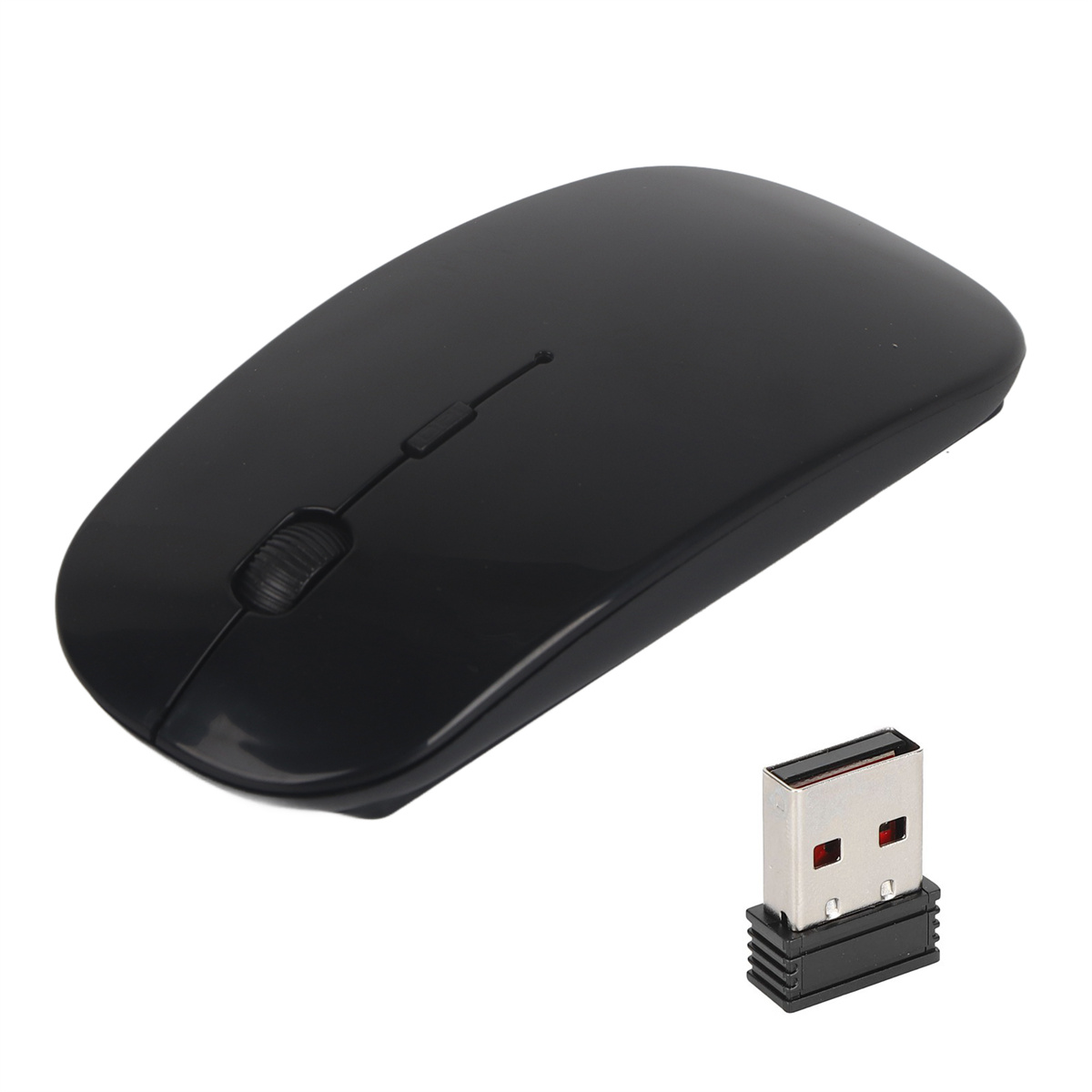 Eine schwarze kabellose Computermaus mit einem USB-Empfänger daneben auf einer weißen Oberfläche.