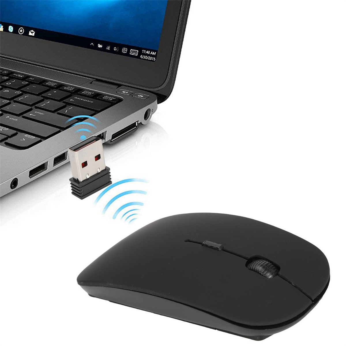 Eine schwarze drahtlose Maus und ein USB-Empfänger neben einem Laptop mit einem blauen drahtlosen Signal-Symbol.