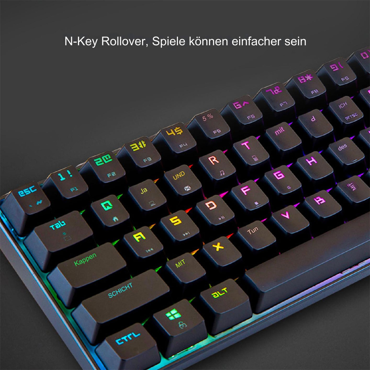 Nahaufnahme einer farbenfrohen Tastatur. Es ist eine kleine, mechanische Tastatur mit beleuchteten Tasten.
