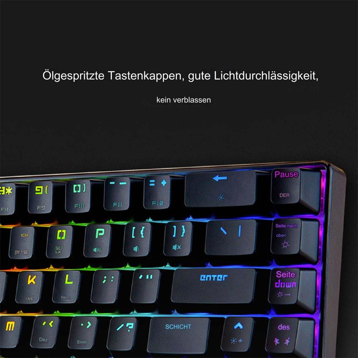 Nahaufnahme einer farbenfrohen beleuchteten Tastatur, Text in mehreren Sprachen.