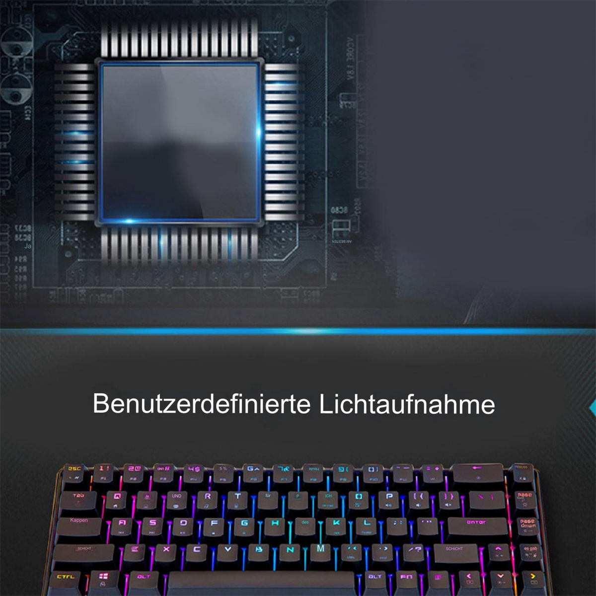 Ein Bild einer Leiterplatte mit einem Computerchip und einer hintergrundbeleuchteten Tastatur mit bunten Tasten.