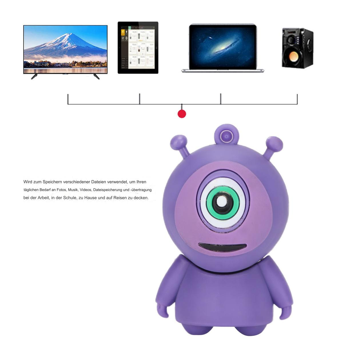Ein lilafarbener USB-Stick in Alienform mit Bildschirm und anderer Elektronik auf weißem Hintergrund.