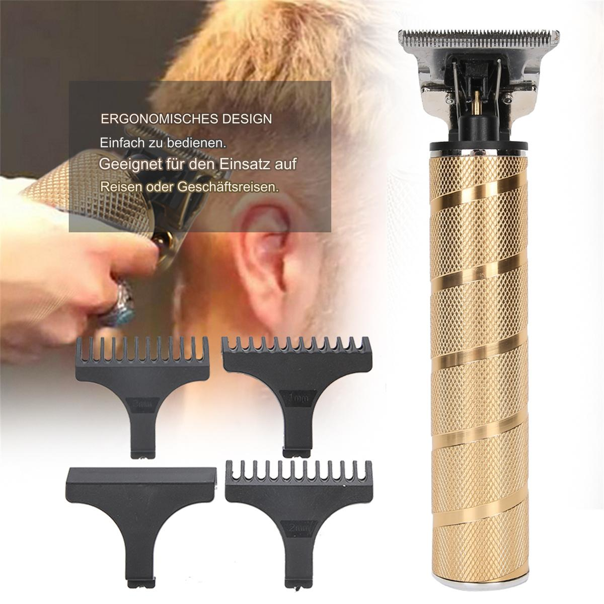 Goldener Haarschneider mit schwarzen Aufsätzen, wird zum Haareschneiden verwendet.
